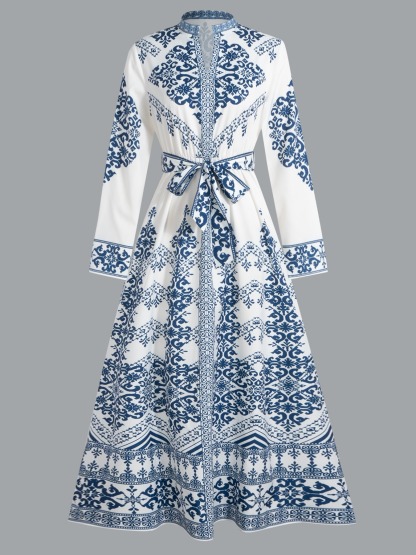 Tsinghua porcelain positioned floral print dress Standing collar with waist tie Long skirt with wide hem