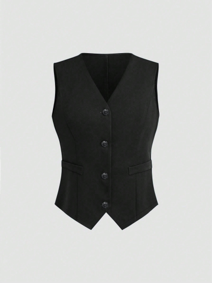 Y2K Black Button-Front Fitted Vest-Aegean-sea