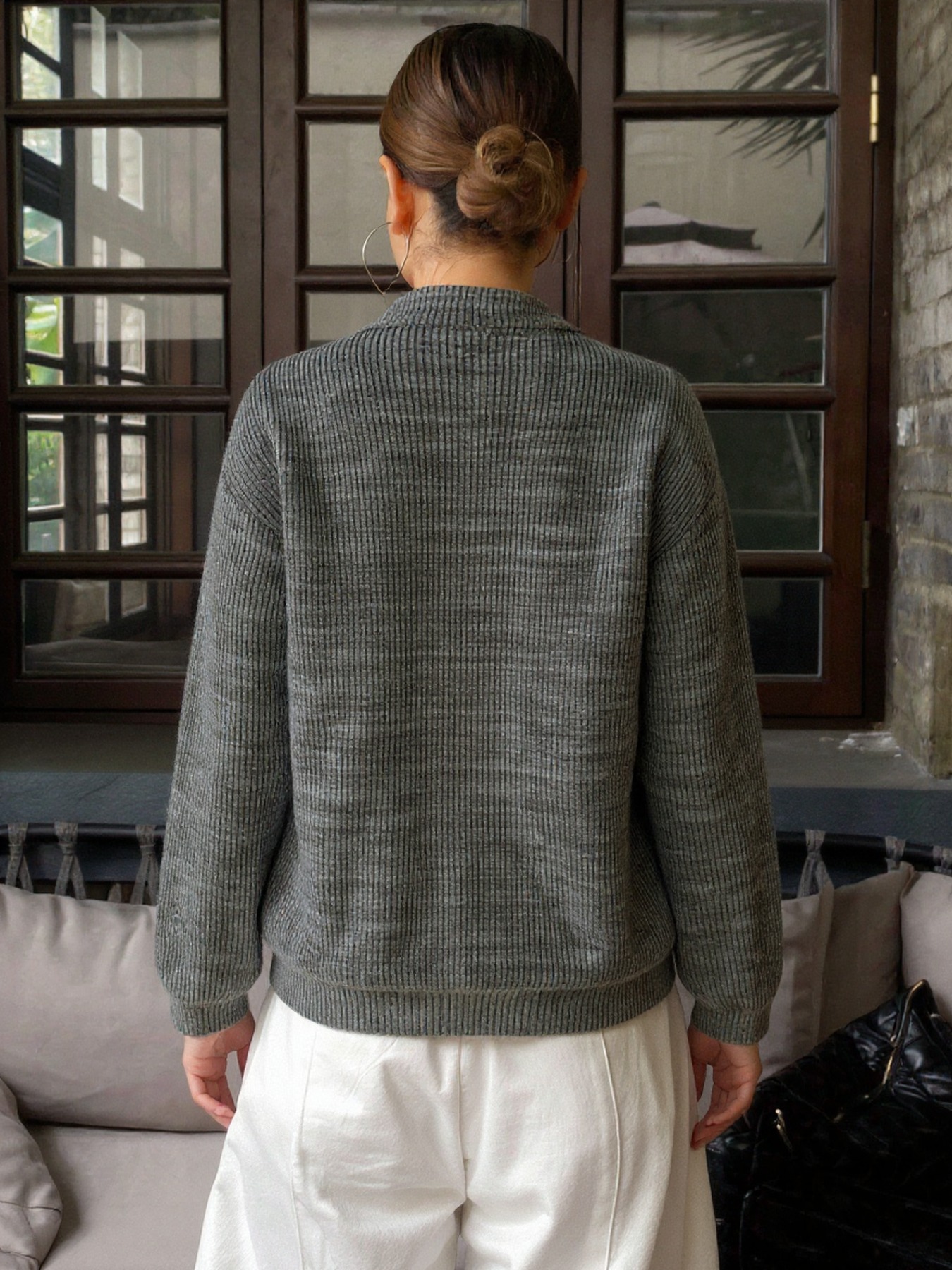 Gray Ribbed Half-Zip Polo Neck Knit Sweater-Aegean-sea