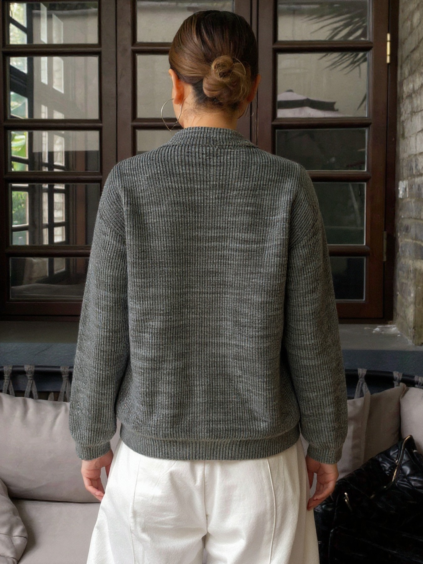 Gray Ribbed Half-Zip Polo Neck Knit Sweater-Aegean-sea