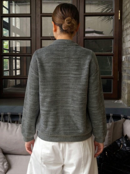 Gray Ribbed Half-Zip Polo Neck Knit Sweater-Aegean-sea