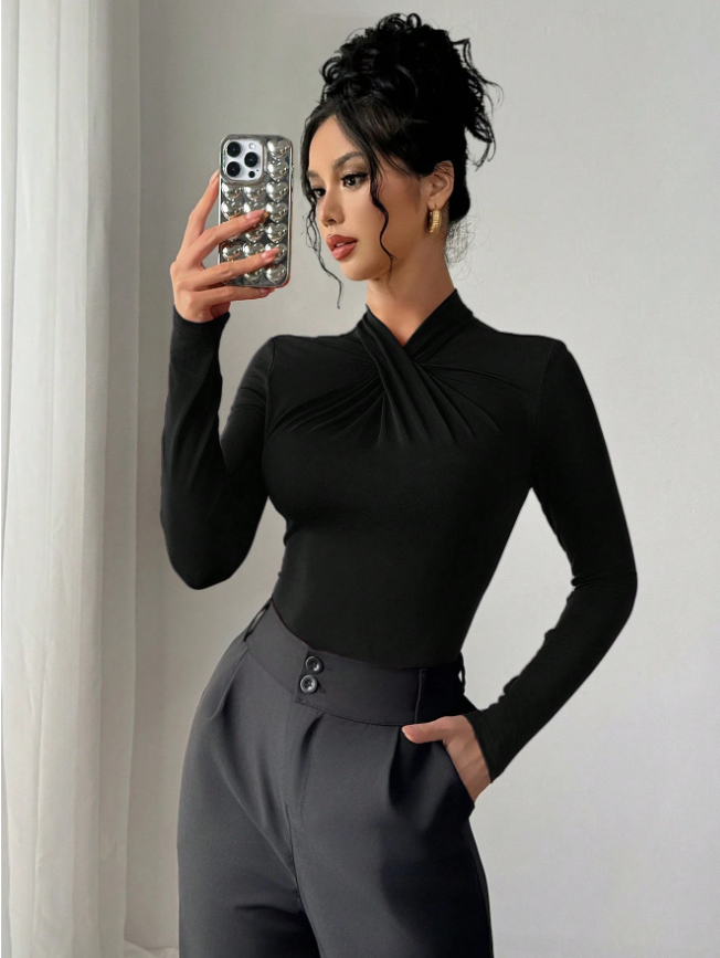 Black Long Sleeve Top with Twist Front Detail - Turtleneck Slim Fit for Casual & Party Wear-Aegean-sea