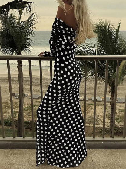 Woman's Off-the-Shoulder Long-Sleeve Polka Dot Maxi Dress-Aegean-sea