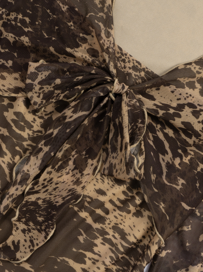 Tie Front Sheer Print Blouse - Square Neck Bell Sleeve Slim Fit Women's Top-Aegean-sea