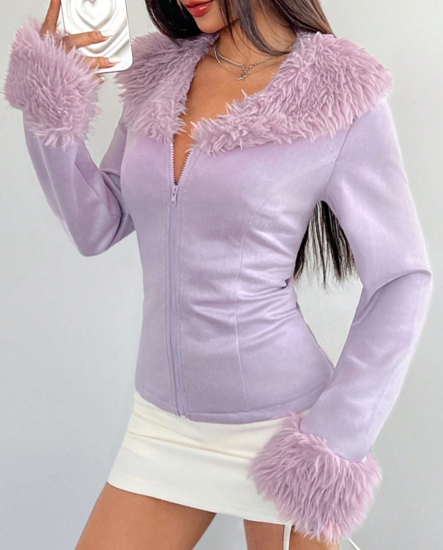 Chaqueta ajustada de color lavanda para mujer con cuello, puños y cremallera delantera de piel esponjosa-Aegean-sea
