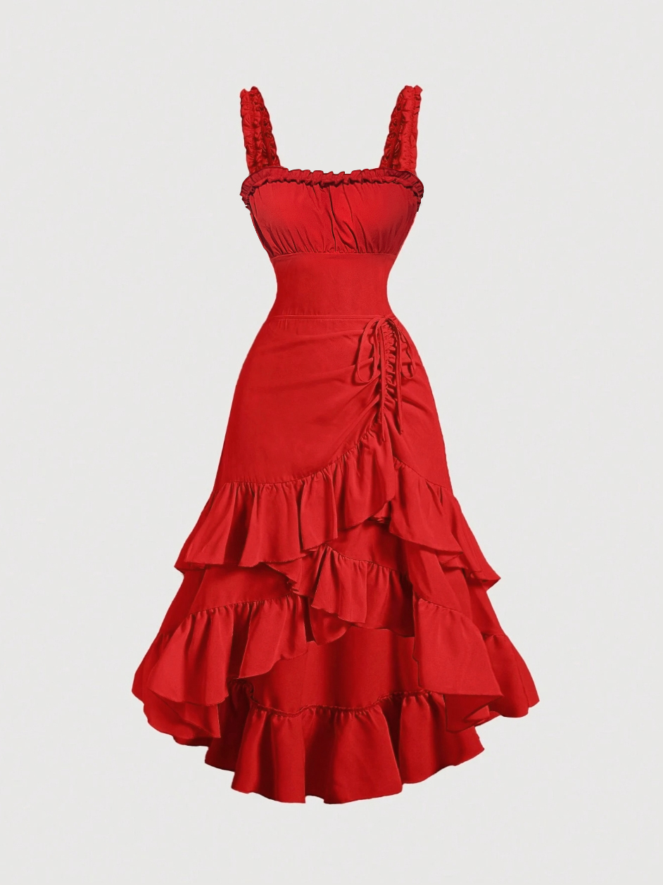 Red Ruffled High-Low Hem Cami Dress-Aegean-sea