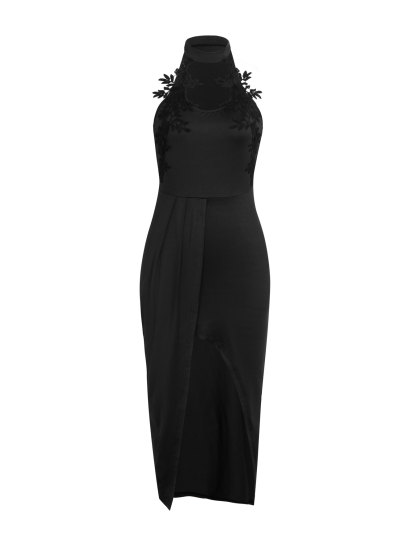 Woman's Black Halter Neck Chest Cutout Floral Dress | Fitted High Slit Midi Sexy Dress-Aegean-sea