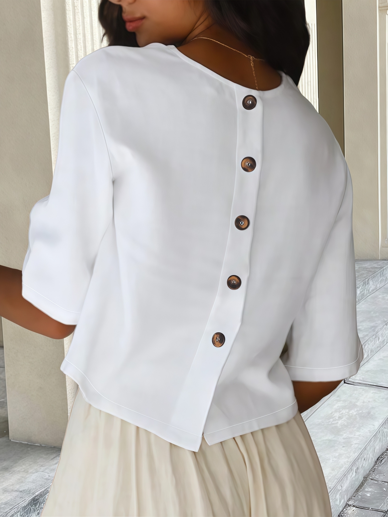 Woman's White Linen Short Sleeve Top with Back Button Detail-Aegean-sea