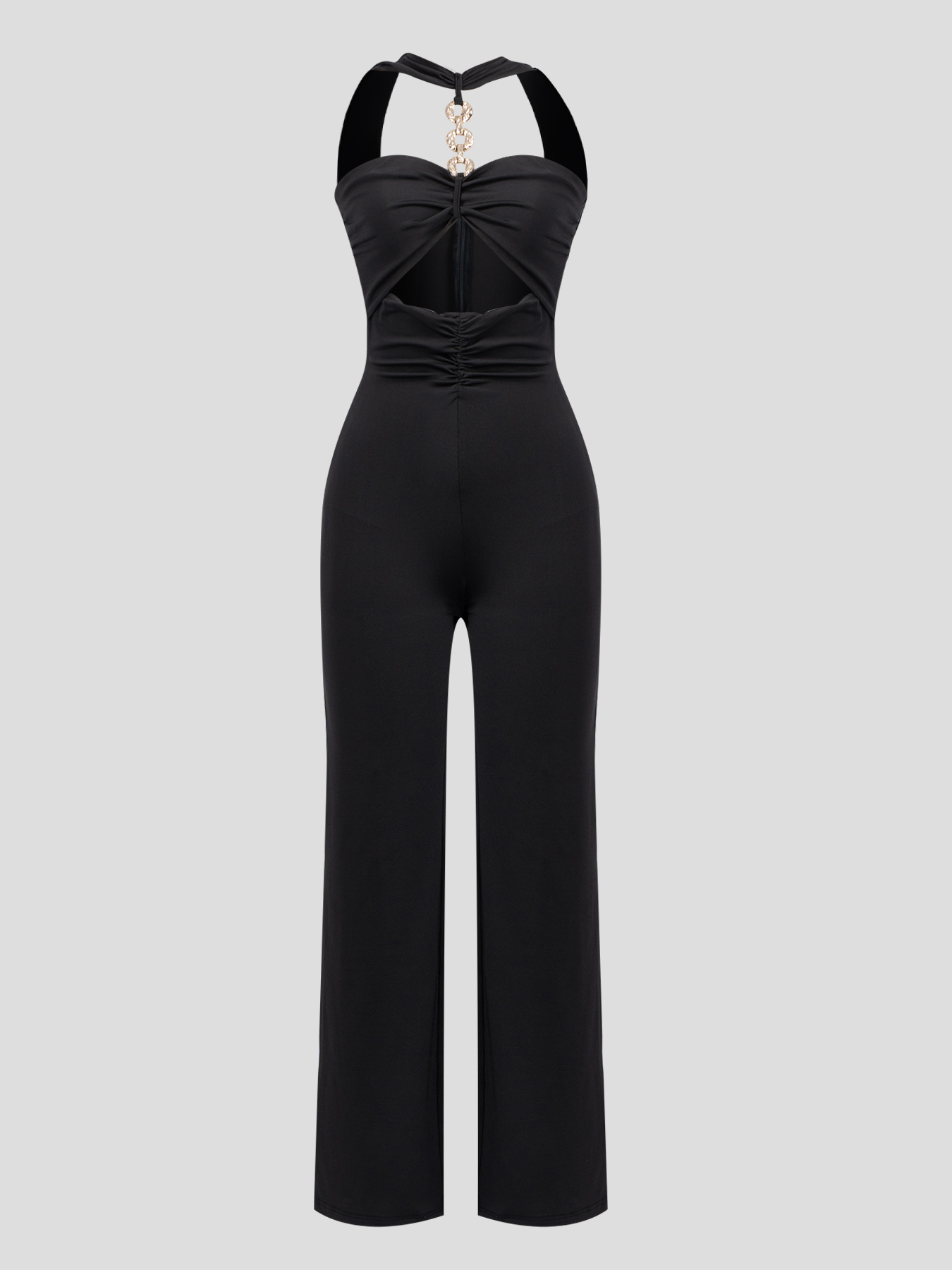 Black halter metal chain jumpsuit, hollow-out wide-leg pants