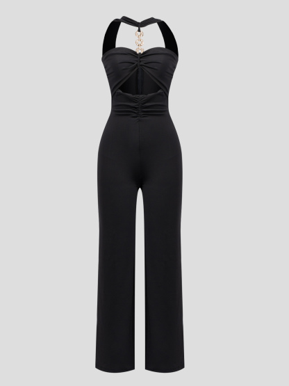 Black halter metal chain jumpsuit, hollow-out wide-leg pants