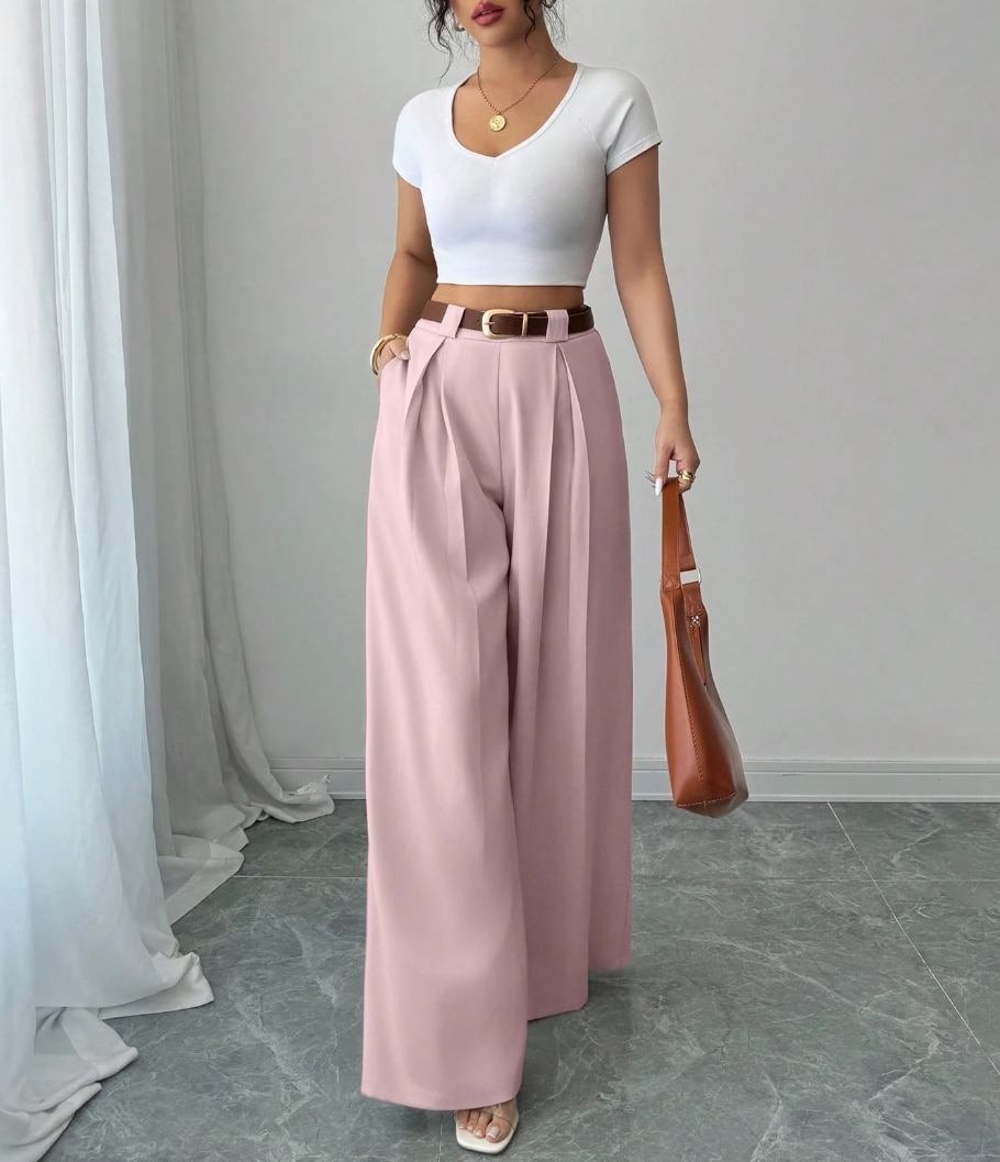 Pantalones anchos de cintura alta de color rosa para mujer-Aegean-sea