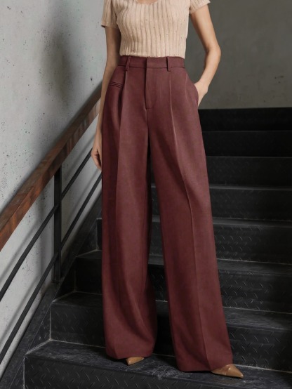 Dark brown-red high-waisted wide-legged pants Drop-down pleated loose pants Work-to-work casual suit pants