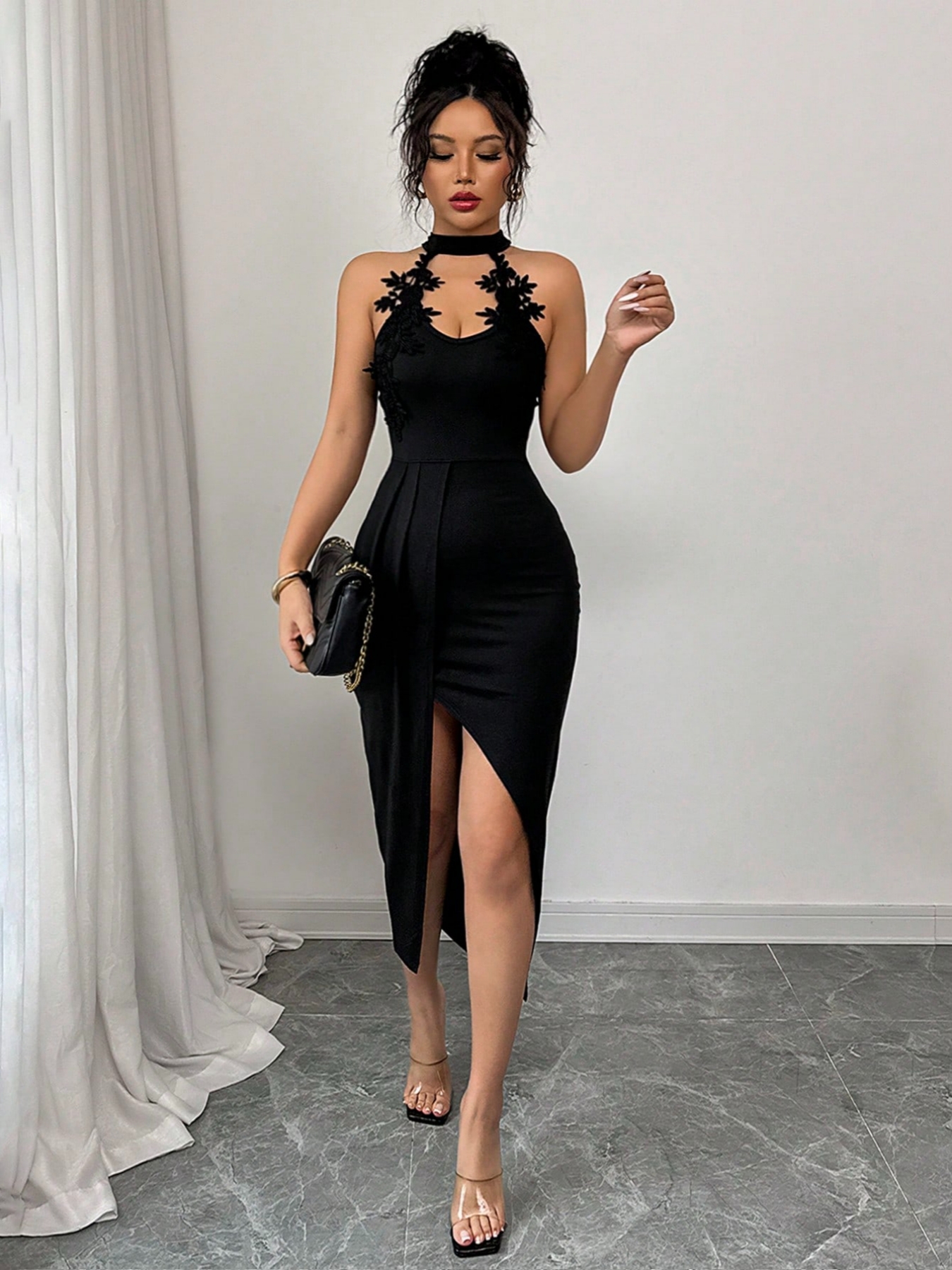 Woman's Black Halter Neck Chest Cutout Floral Dress | Fitted High Slit Midi Sexy Dress-Aegean-sea