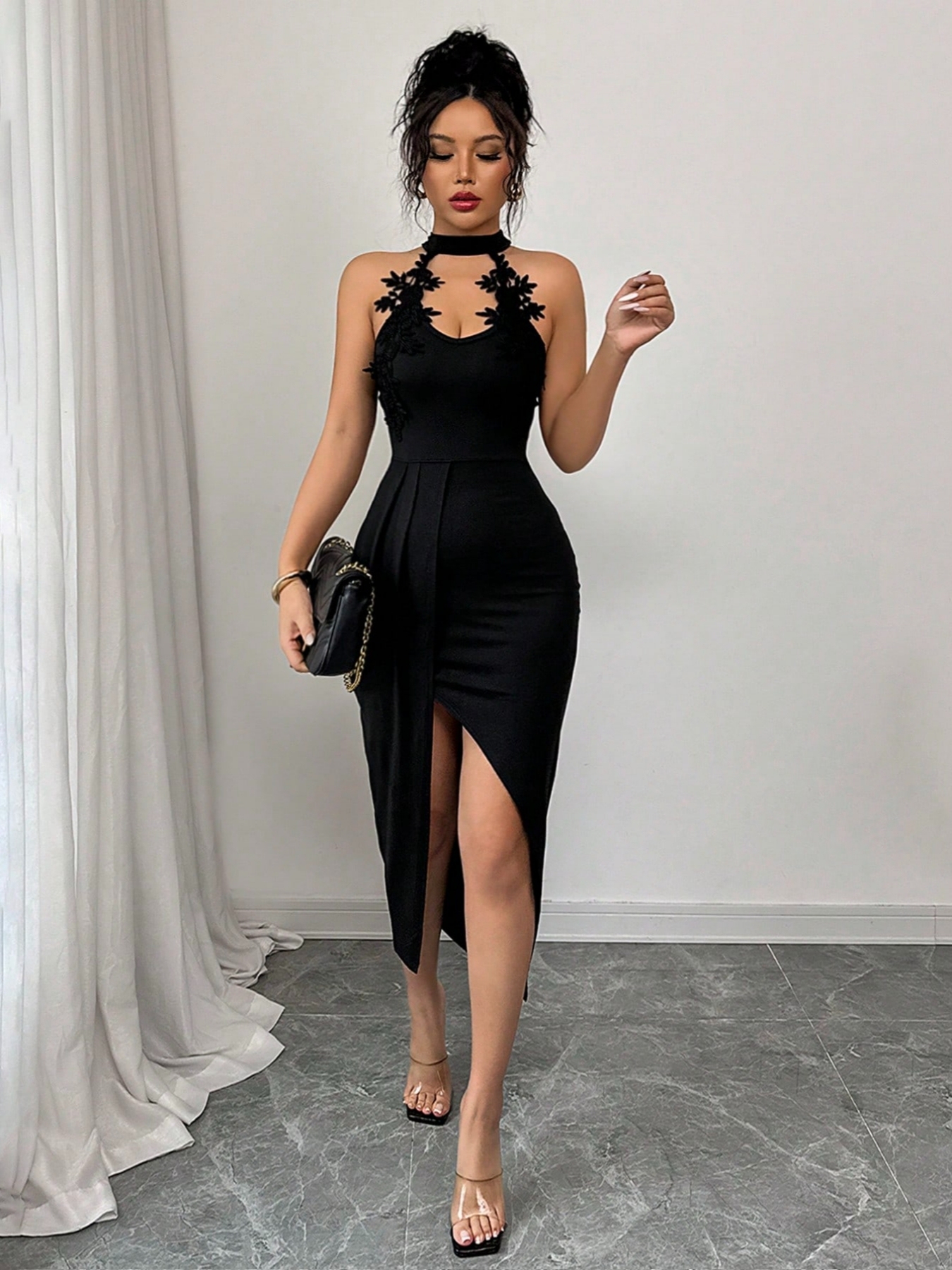 Woman's Black Halter Neck Chest Cutout Floral Dress | Fitted High Slit Midi Sexy Dress-Aegean-sea