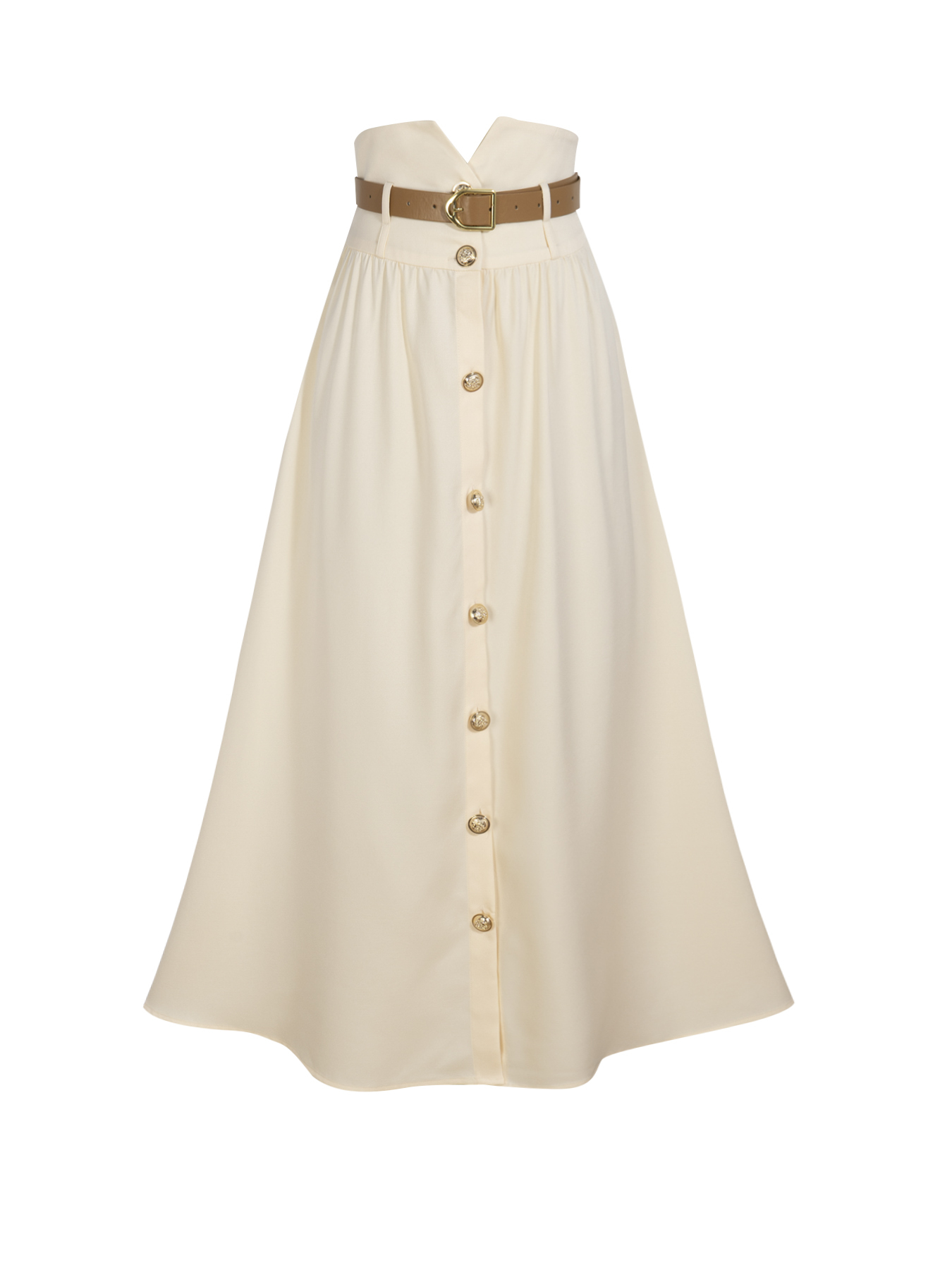 Caramel-colored twisted body shirt, beige-white high-waisted half-skirt button-down suit