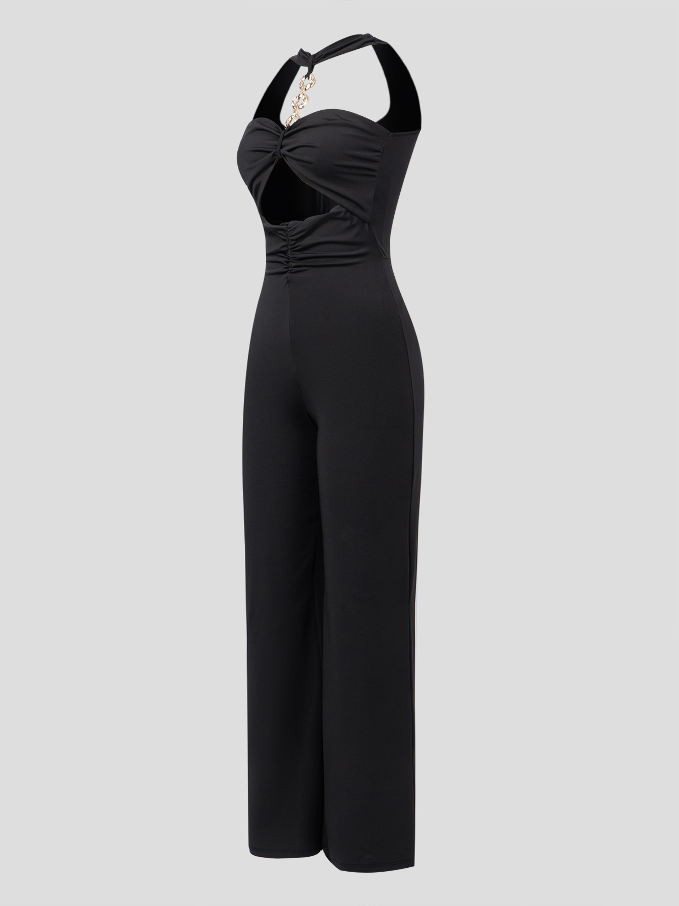 Black halter metal chain jumpsuit, hollow-out wide-leg pants