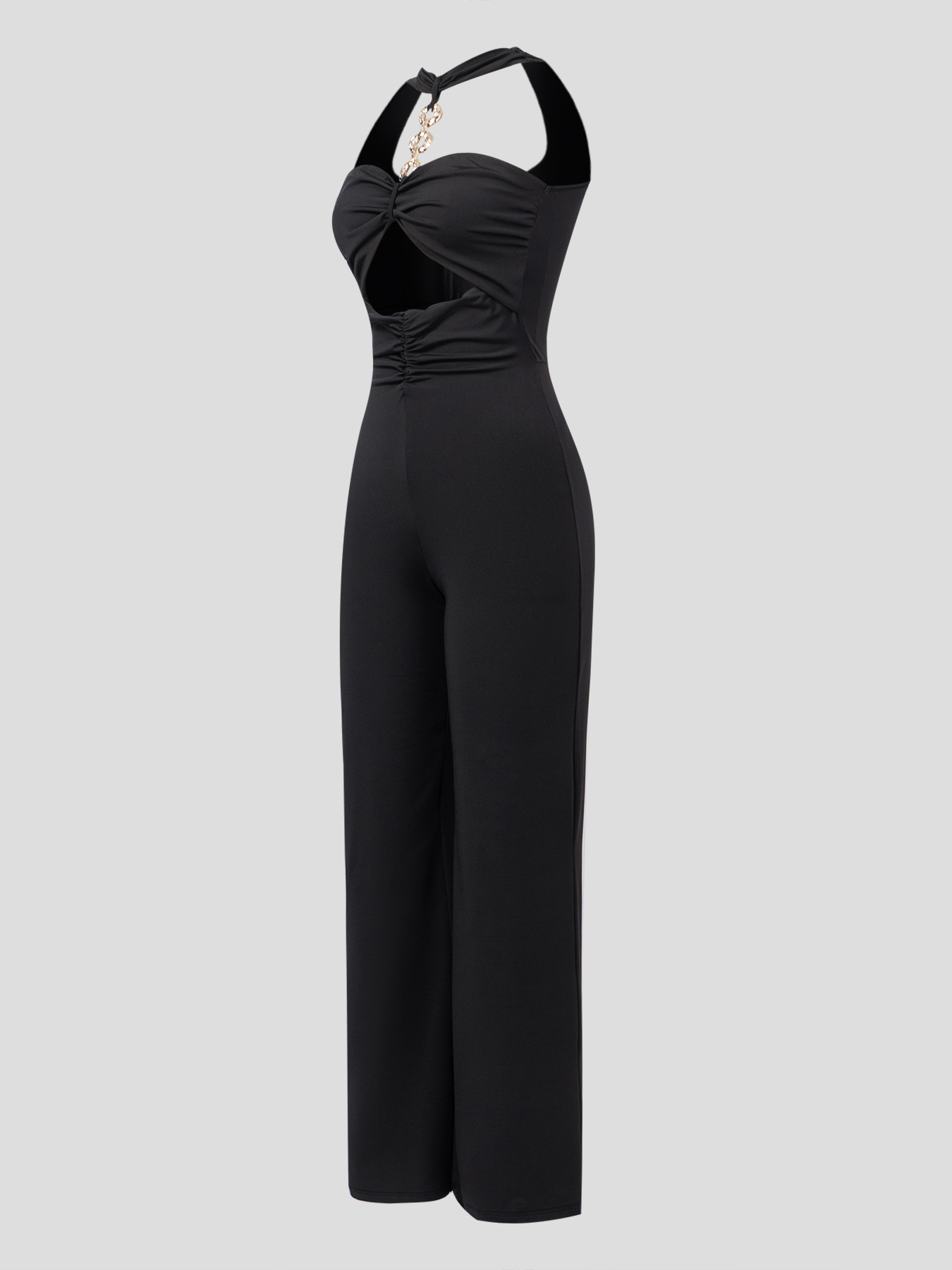 Black halter metal chain jumpsuit, hollow-out wide-leg pants