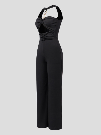 Black halter metal chain jumpsuit, hollow-out wide-leg pants