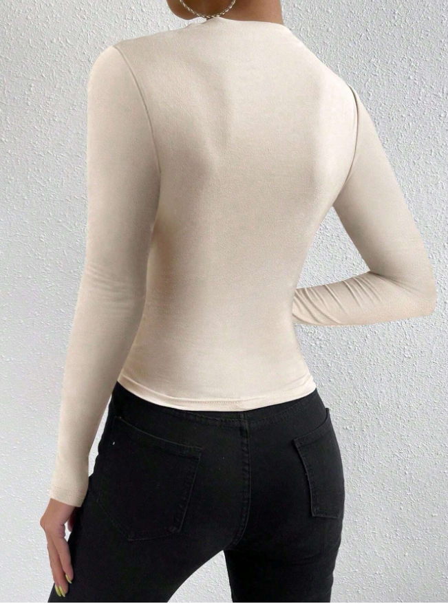 Women's Slim Fit Asymmetrical Neck Blouse - Ruched Detail Long Sleeve Elegant Top-Aegean-sea