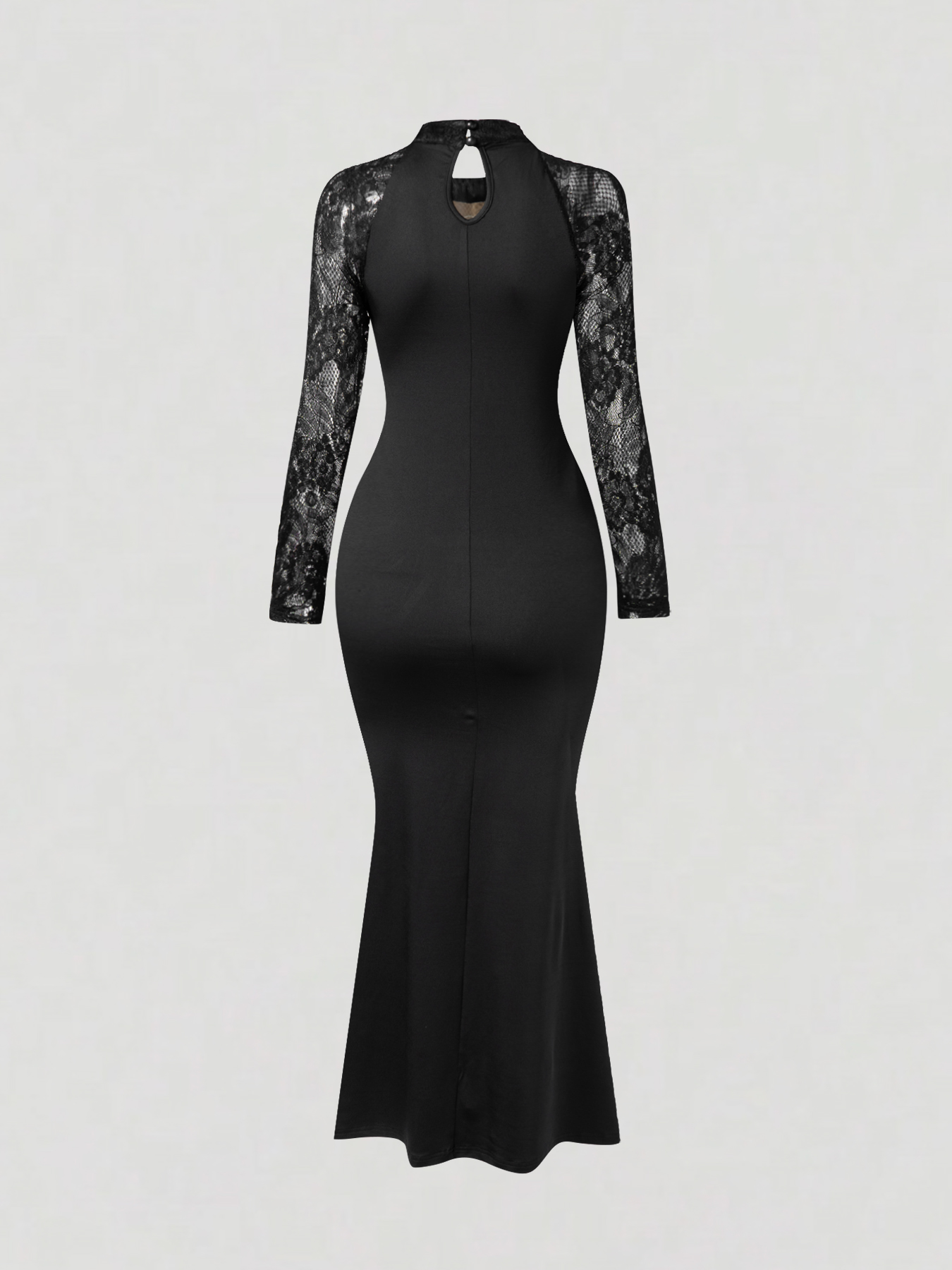 Woman's Black Mock Neck Sheer Lace Long Sleeve Ruched Mermaid Dress