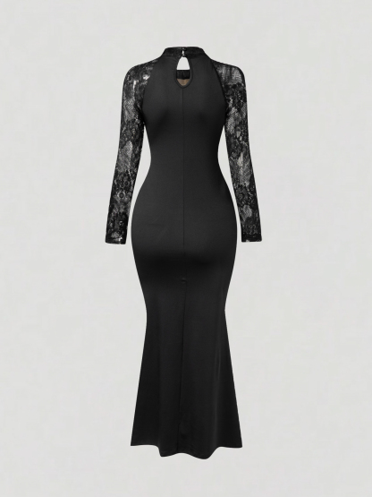 Woman's Black Mock Neck Sheer Lace Long Sleeve Ruched Mermaid Dress