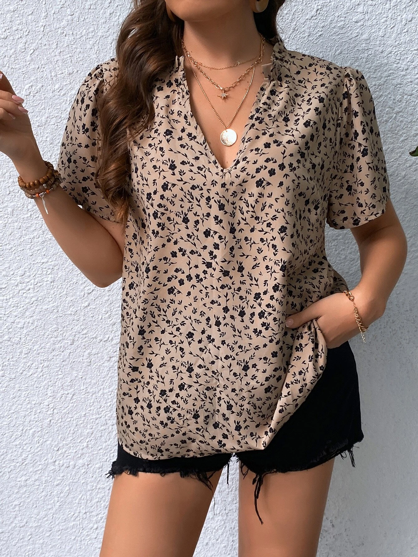 Woman's Light Khaki Black Ditsy Floral V-Neck Short-Sleeve Top | Loose Drape Chiffon Office Blouse-Aegean-sea