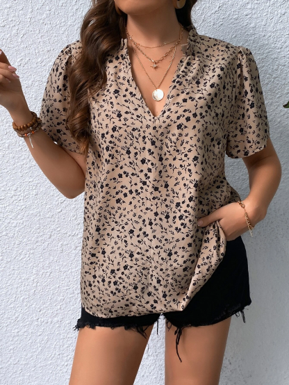 Woman's Light Khaki Black Ditsy Floral V-Neck Short-Sleeve Top | Loose Drape Chiffon Office Blouse-Aegean-sea