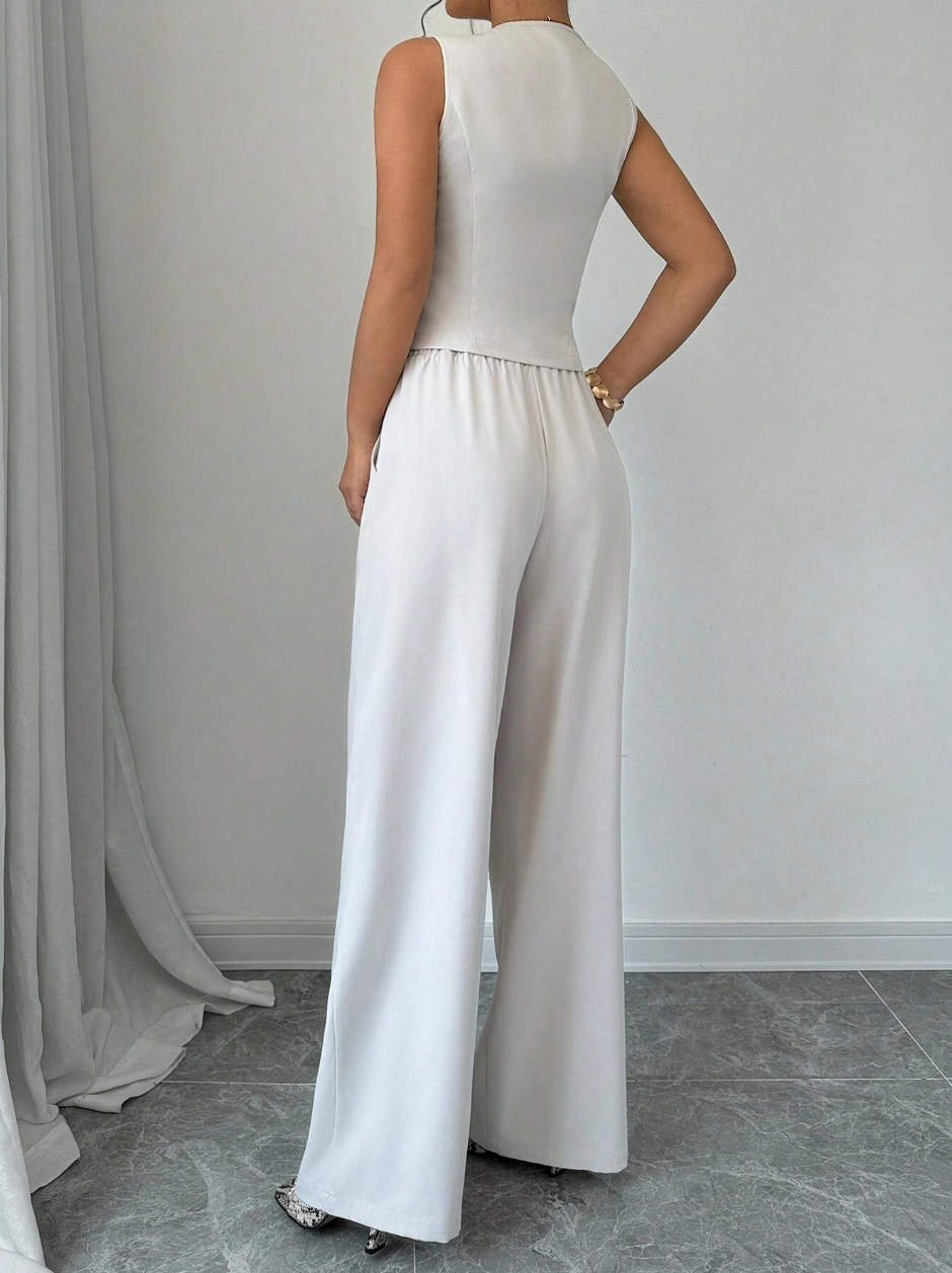 Women's White Lace-Up V-Neck Sleeveless Vest and Wide-Leg Pants Set-Aegean-sea