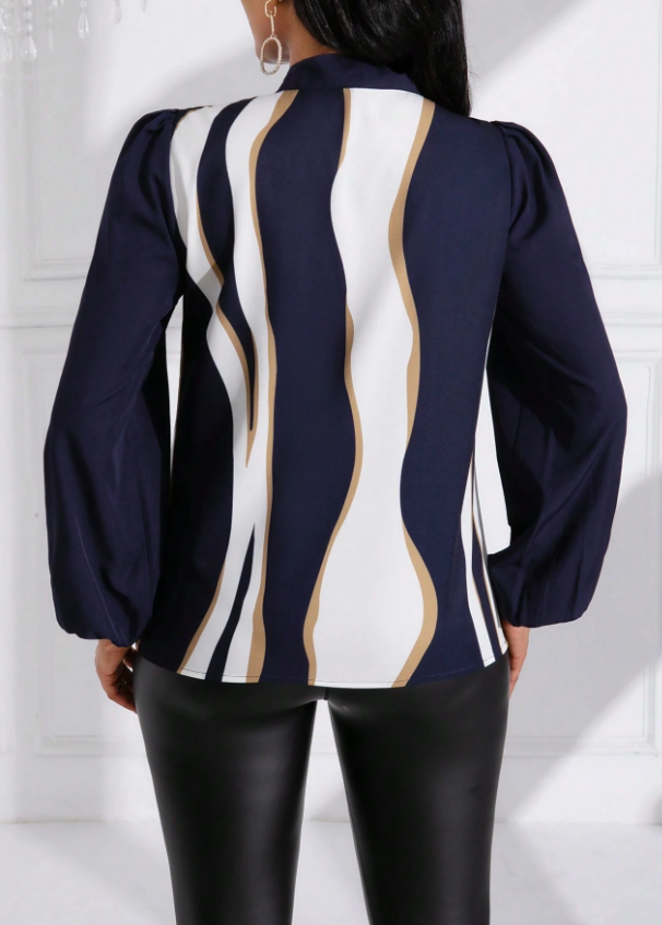 Women's Navy Blue Tie Neck Striped Lantern Sleeve Blouse-Aegean-sea
