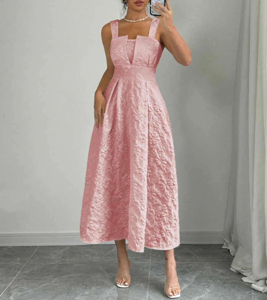 Women's Pink Floral Jacquard Square Neck Sleeveless Midi Dress-Aegean-sea