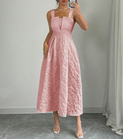 Women's Pink Floral Jacquard Square Neck Sleeveless Midi Dress-Aegean-sea