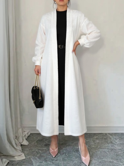 White Longline Open Front Cardigan with Puff Sleeves-Aegean-sea