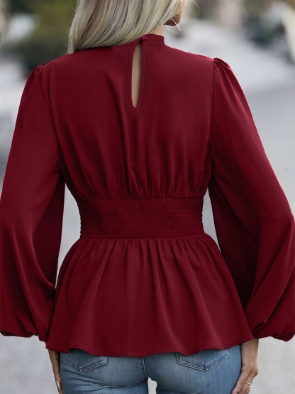 Woman's High Neck Puff Sleeve Peplum Top with Smocked Waist