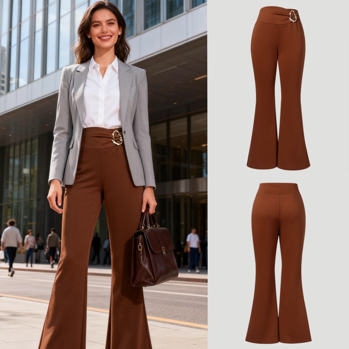 Caramel-brown metal high-waisted bell-bottomed pants slim-fit slim-fitted flared pants
