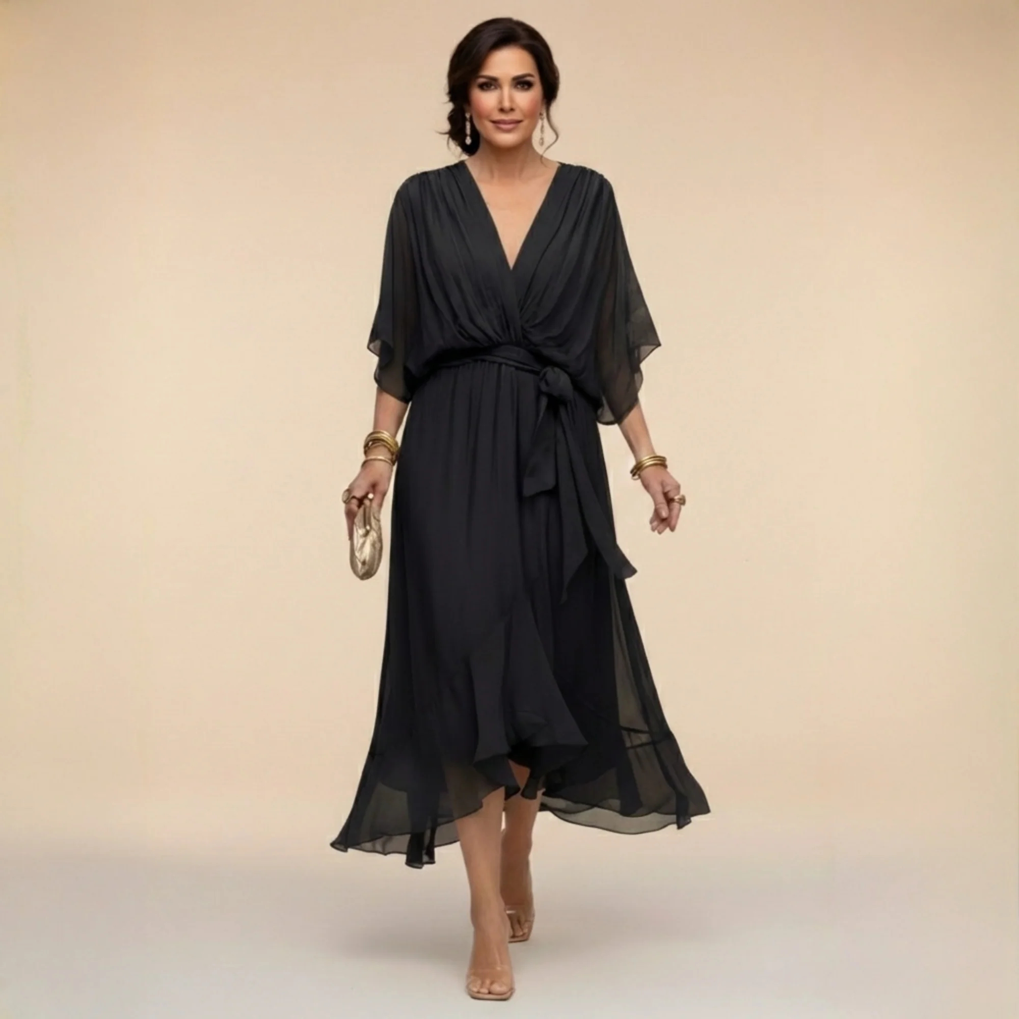 Women's Elegant V Neck Batwing Sleeve Tie Waist Ruffle Hem Sheer Chiffon Formal Midi Dress
