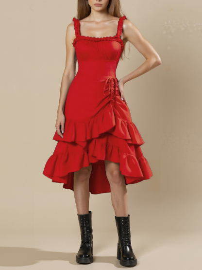 Red Ruffled High-Low Hem Cami Dress-Aegean-sea