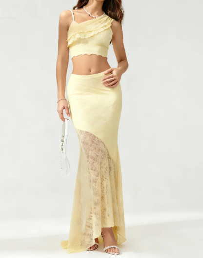 Woman's Light Yellow Lace Cami Top & Sheer Lace High-Waist Maxi Skirt Set