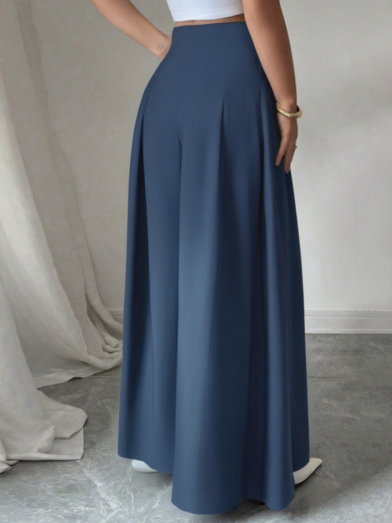 Navy-blue button-up wide-legged pants High-waisted loose-fitting long casual pants