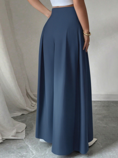 Navy-blue button-up wide-legged pants High-waisted loose-fitting long casual pants