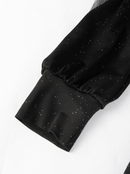 Woman's Glitter Mesh-Sleeve Ruched V-Neck Bodycon Mini Dress-Aegean-sea