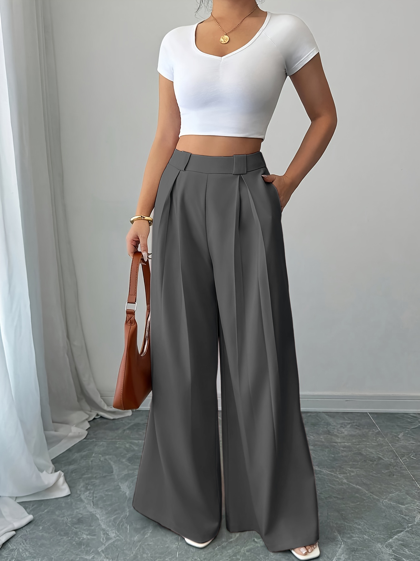 Pantalones anchos de cintura alta de color rosa para mujer-Aegean-sea