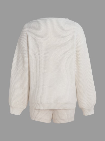 White Knit Long-Sleeve Short-Short Suit Woman Loose Lazy Style Two-piece Suit