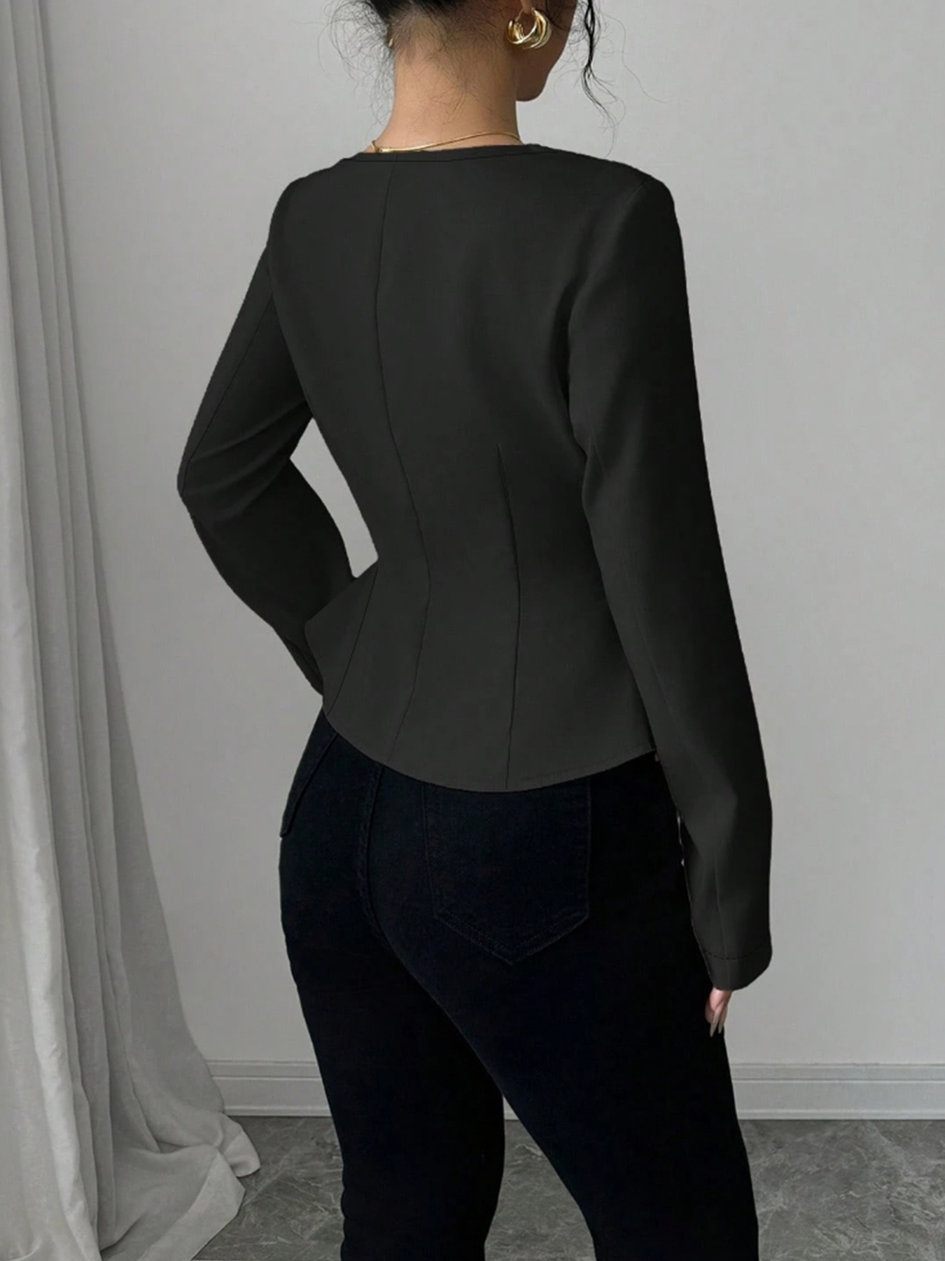 Woman's French Chic Wide Lapel Waist-Cinching Slimming Chanel-Inspired Blouse-Aegean-sea