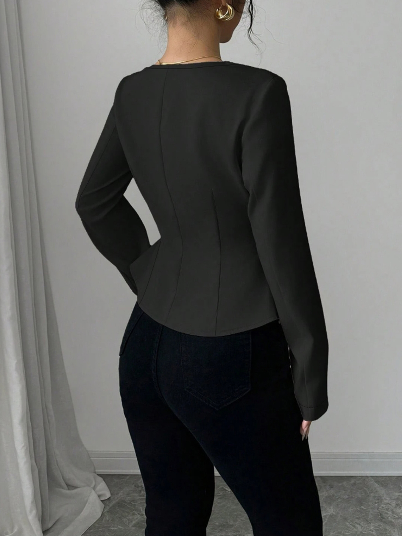 Woman's French Chic Wide Lapel Waist-Cinching Slimming Chanel-Inspired Blouse-Aegean-sea