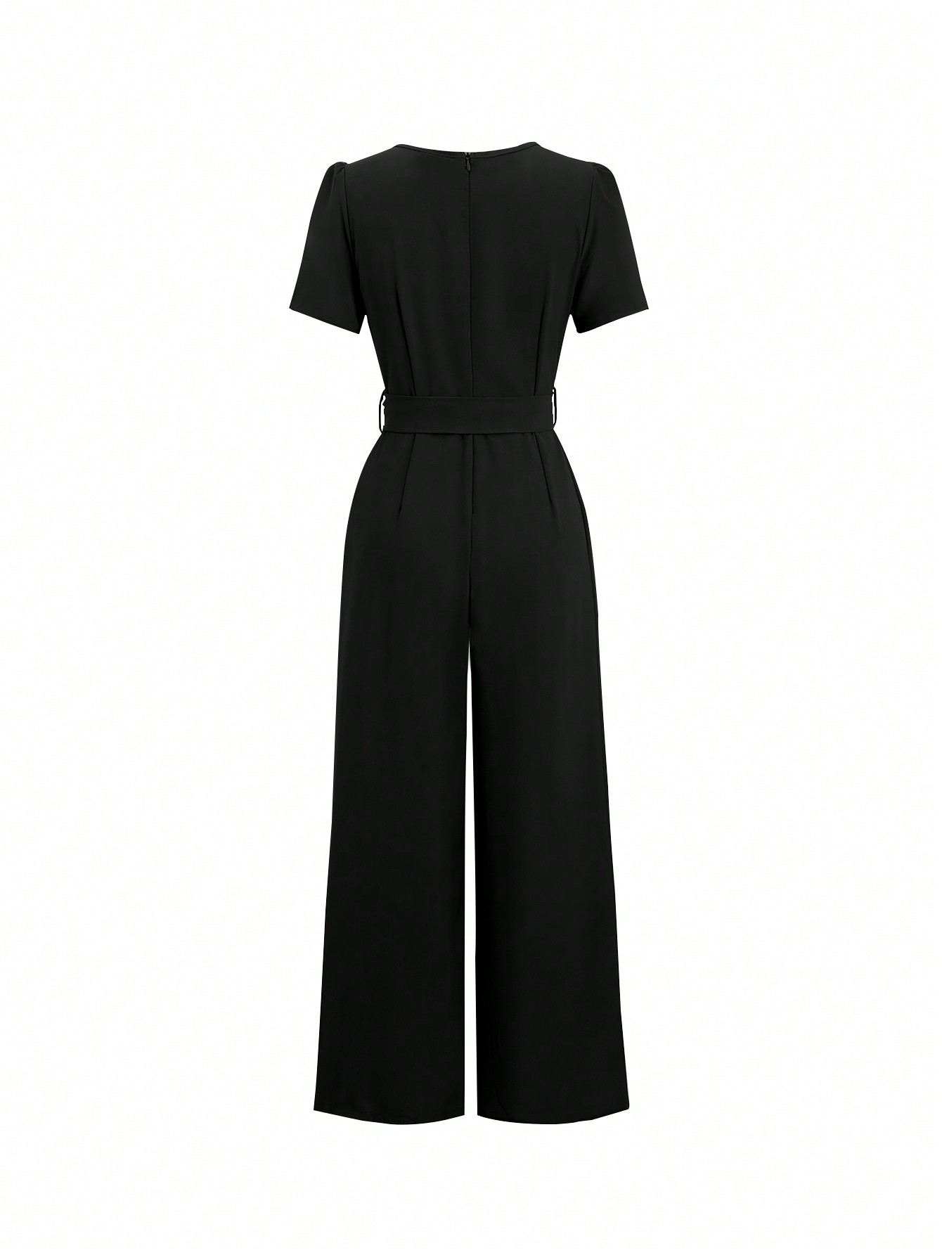 Women's Black V-Neck Belted Wide Leg Jumpsuit-Aegean-sea