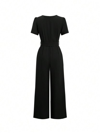 Women's Black V-Neck Belted Wide Leg Jumpsuit-Aegean-sea