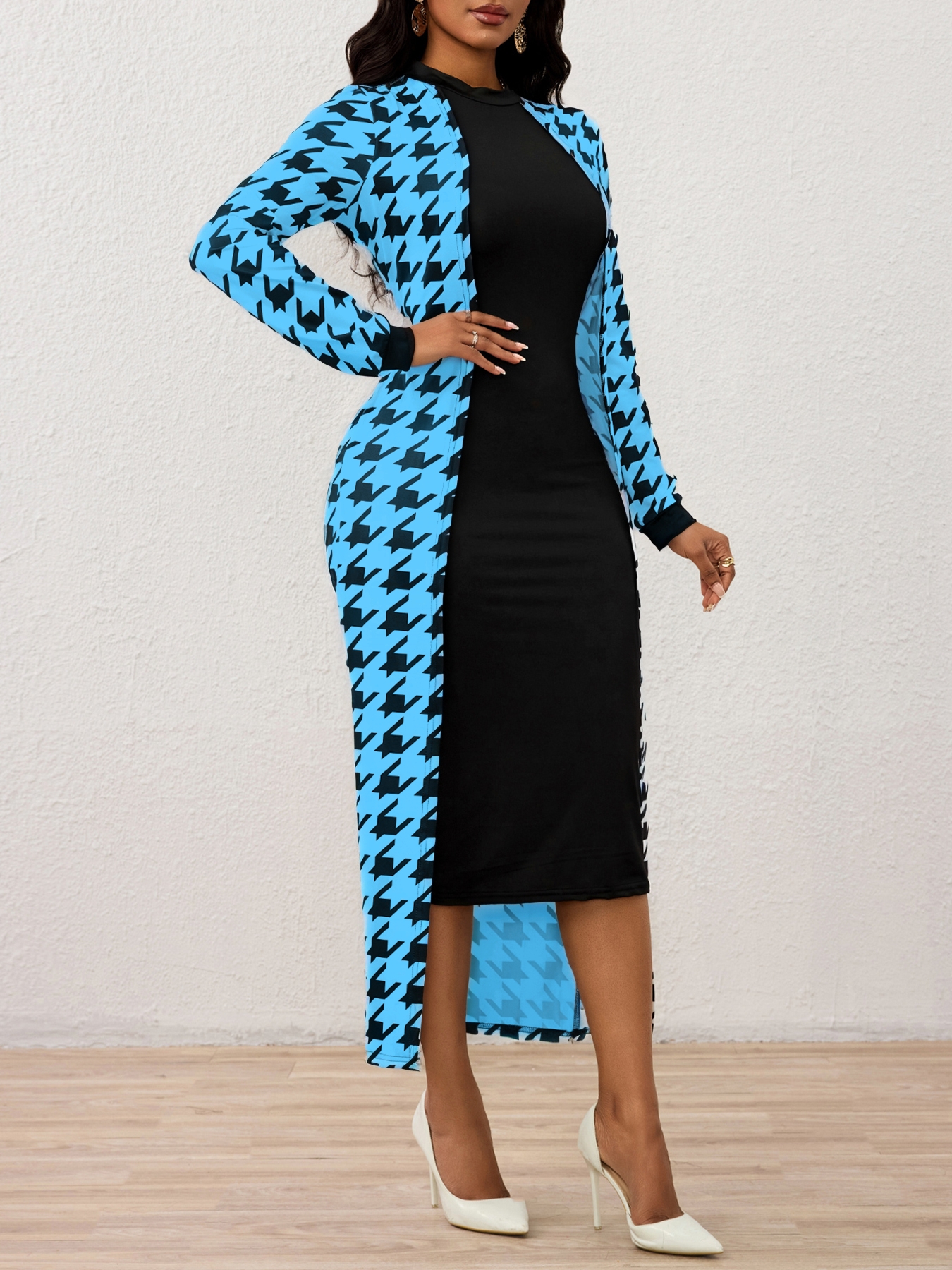 Vestido de cárdigan largo fino de diente de perro para mujeres-Aegean-sea