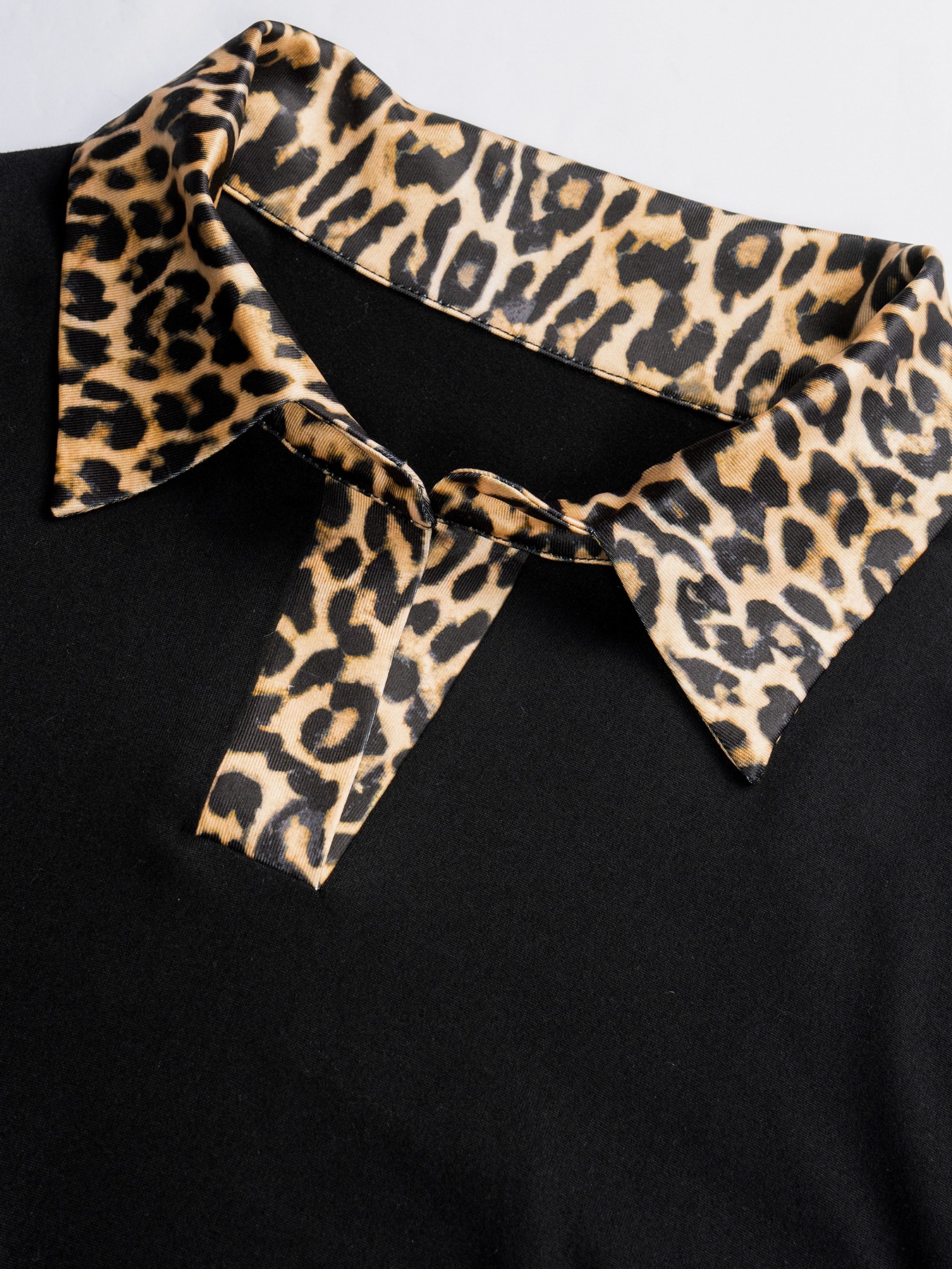 Leopard Accent Collar & Tie Black Fitted Top-Aegean-sea