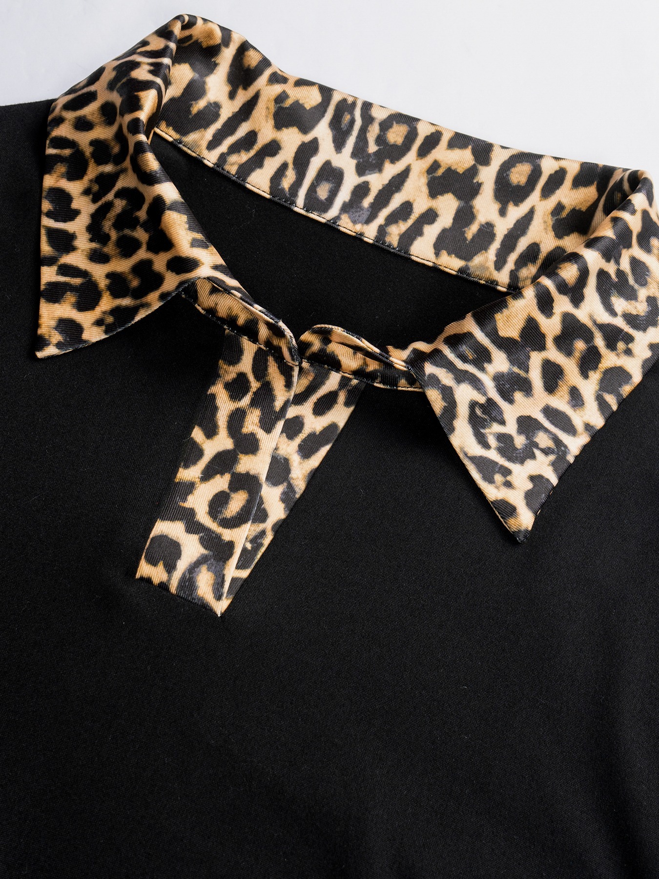 Leopard Accent Collar & Tie Black Fitted Top-Aegean-sea