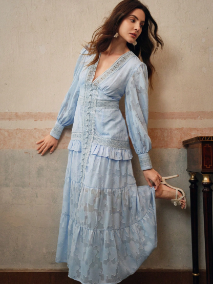 Women's V-Neck Puff Sleeve Tiered Maxi Dress - Lace Trim Embroidered Boho Gown